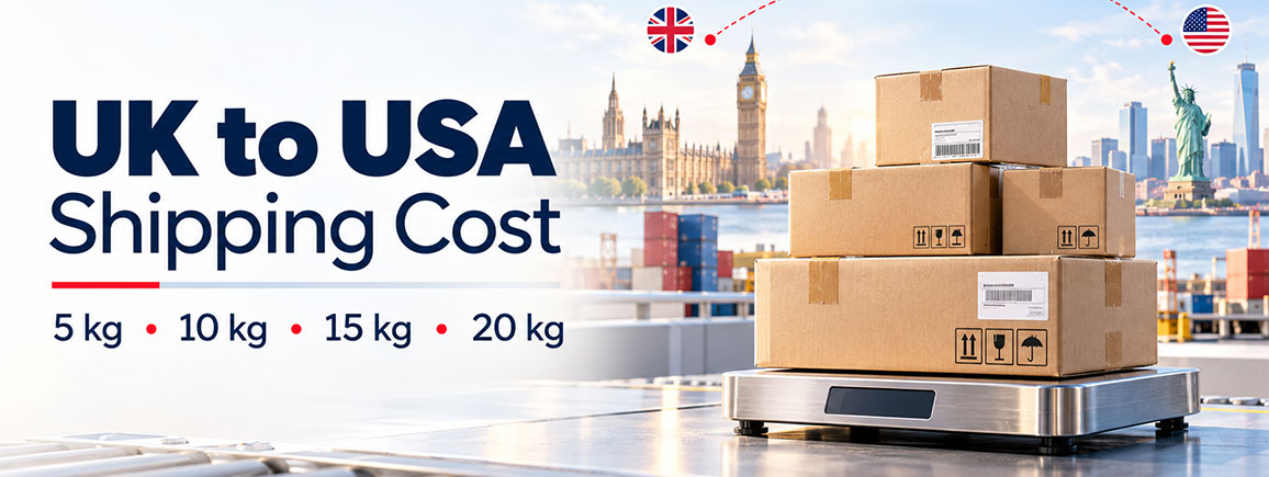 Parcels on a scale for a UK to USA shipping cost guide covering 5 kg, 10 kg, 15 kg and 20 kg
